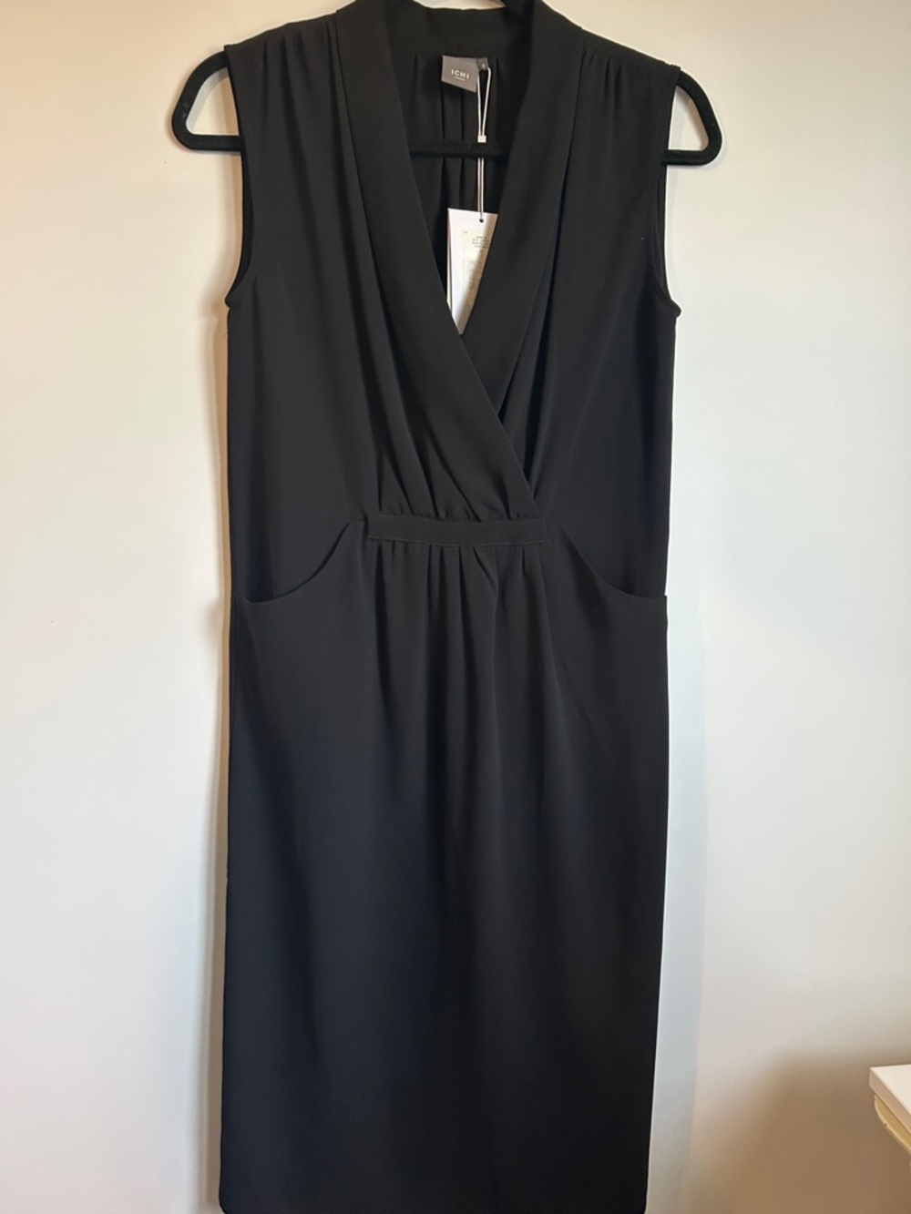 Sleeveless Black Wrap-Front Midi Dress by Ichi. New with tag